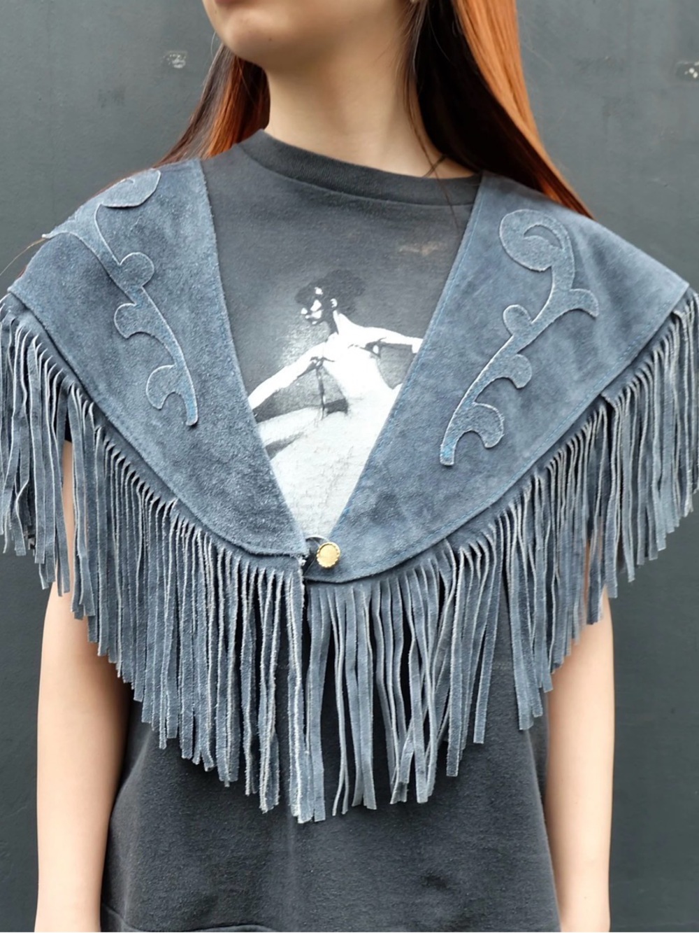 Vintage Ben Kalton Fringed Suede Shawl Collar Slate Gray Blue One Size Buttoned